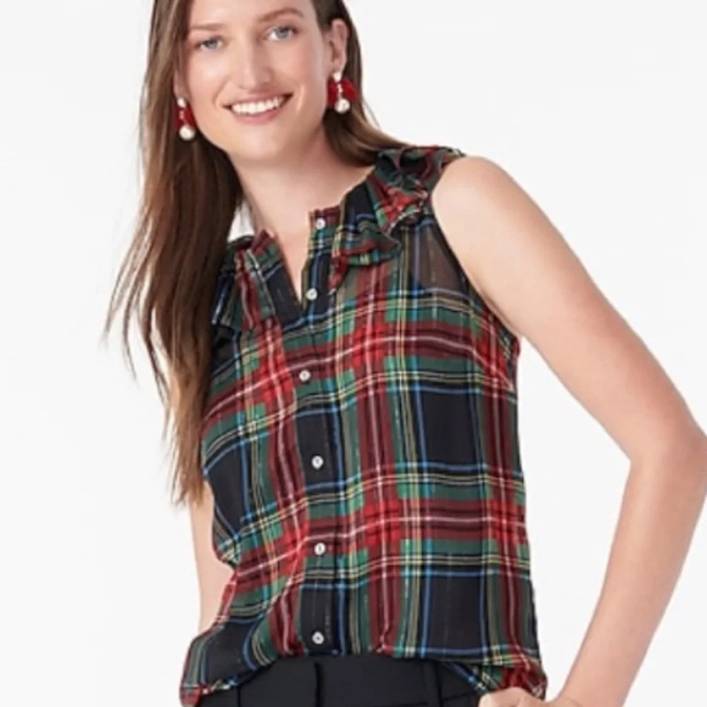 J Crew Ruffle Collar sleeveless button up sheer Stewart Plaid blouse Sz S NWT